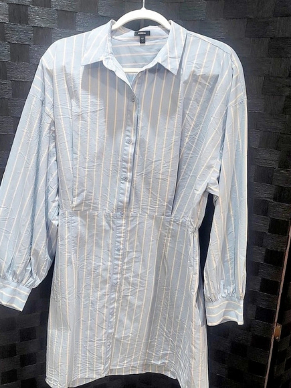 Button Front Mini Shirt Dress Blue & White Large